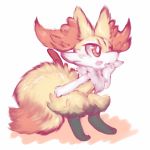  1girl animal_ear_fluff animal_ears braixen fang fox_ears fox_tail full_body furry gen_6_pokemon hand_on_own_face hand_up happy highres jpeg_artifacts no_humans nyaswitchnya open_mouth paws pokemon pokemon_(creature) red_eyes simple_background skin_fang smile solo standing stick tail white_background 