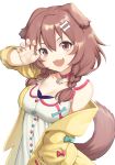  1girl 9nojo animal_ears bangs blush bone_hair_ornament braid breasts brown_eyes brown_hair commentary dog_ears dog_girl dog_tail hair_between_eyes hair_ornament highres hololive inugami_korone jacket long_hair looking_at_viewer open_mouth simple_background smile solo tail twin_braids virtual_youtuber white_background 