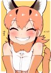  1girl animal_ears blush caracal_(kemono_friends) closed_eyes commentary elbow_gloves eyebrows_visible_through_hair gloves grin highres kemono_friends laughing masuyama_ryou orange_hair simple_background sleeveless smile solo tail translated upper_body 