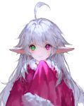  1girl ahoge bean_sprouts_(6651003) blush closed_mouth elf eyebrows_visible_through_hair fur_trim green_eyes heterochromia highres long_hair original pointy_ears short_eyebrows simple_background sketch solo upper_body violet_eyes white_background white_hair 