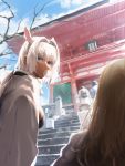  1boy 1girl animal_ears backpack bag blonde_hair blue_eyes blurry blurry_background bubble_blowing caenis_(fate) chewing_gum dark_skin facing_viewer fate/grand_order fate_(series) highres kirschtaria_wodime long_hair outdoors sabamori shrine stairs white_hair 