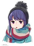  1girl artist_name black_headwear blue_hair bobblehat coat cropped_torso dated frown green_coat half-closed_eyes horikou long_hair looking_at_viewer multicolored multicolored_clothes multicolored_scarf open_mouth portrait scarf shima_rin sidelocks signature simple_background solo striped striped_scarf violet_eyes white_background yurucamp 