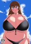  1girl ahoge bangs bare_shoulders bikini black_bikini blue_eyes breasts brown_hair cleavage clouds cover cover_page curvy doujin_cover earrings eyebrows eyebrows_visible_through_hair fat female hips huge_breasts jewelry komusou_(jinrikisha) large_breasts looking_at_viewer navel ooba_minori original parted_lips plump sidelocks sky solo stud_earrings swimsuit thick_thighs thighs wide_hips 