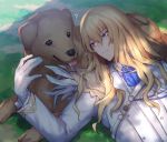  1boy ? androgynous animal blonde_hair dog fate/grand_order fate_(series) formal gloves highres kirschtaria_wodime long_hair lying on_back outdoors sabamori shade suit tongue tongue_out white_gloves 