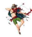  1boy abs bow_(weapon) bracelet cape coral fire_emblem fire_emblem:_the_sacred_stones fire_emblem_heroes full_body hat highres injury jewelry joshua_(fire_emblem) long_hair navel official_art red_eyes redhead ring sandals shirtless solo suekane_kumiko swimsuit teeth torn_clothes transparent_background weapon 