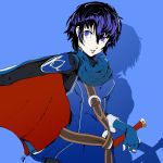  1girl alternate_costume atlus bangs belt blue_background blue_eyes blue_hair blue_shirt breasts cape commentary_request cosplay dh_(brink_of_memories) fire_emblem fire_emblem:_kakusei fire_emblem_13 fire_emblem_awakening hairband highres intelligent_systems looking_at_viewer lucina lucina_(cosplay) lucina_(fire_emblem) lucina_(fire_emblem)_(cosplay) megami_tensei nintendo persona persona_4 sega shadow shin_megami_tensei shirogane_naoto shirt short_hair signature simple_background smile solo super_smash_bros. sword tomboy weapon 