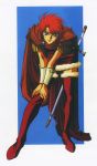  1990s_(style) 1girl blue_eyes boots brooch cape full_body fur_trim hands_on_own_knees highres hunched_over jewelry official_art record_of_lodoss_war red_footwear sheath sheathed shiris solo sword thigh-highs thigh_boots v_arms vambraces weapon yuuki_nobuteru 