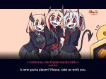 3girls arknights azur_lane bangs cerberus_(helltaker) girls_frontline hair_between_eyes headgear helltaker highres jacket long_hair m4_sopmod_ii_(girls_frontline) multicolored_hair multiple_girls open_mouth pink_hair red_eyes redhead ro635_(dinergate) roon_(azur_lane) smile snafu_1313 streaked_hair tail w_(arknights)