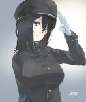  1girl akicosmossakasa akitsu_maru_(kantai_collection) black_eyes black_hair black_headwear breasts gloves gradient gradient_background grey_background hat highres kantai_collection large_breasts looking_at_viewer military military_hat military_uniform pale_skin peaked_cap remodel_(kantai_collection) salute short_hair signature solo uniform upper_body white_gloves 