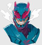  1boy alternate_form barid_rex bbbb_fex blue_armor extra_eyes grin highres horns kamen_rider kamen_rider_revi kamen_rider_revice looking_at_viewer male_focus multicolored_horns official_alternate_costume opening pink_horns purple_armor red_eyes sharp_teeth smile smirk steam teeth violet_eyes 