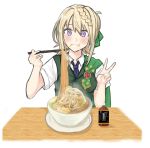  1girl badge blonde_hair blue_neckwear bottle braid braided_bun cape commentary_request dokuganryuu dress_shirt eating food green_cape green_vest highres kantai_collection looking_at_viewer necktie noodles perth_(kantai_collection) ramen school_uniform shirt short_hair short_sleeves simple_background solo table upper_body v vest violet_eyes white_background white_shirt 