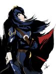  1girl alternate_costume alternate_hair_length alternate_hairstyle bangs belt blue_background blue_eyes blue_gloves blue_hair blue_shirt breasts cape commentary_request cosplay crown dh_(brink_of_memories) fingerless_gloves fire_emblem fire_emblem_awakening gloves hairband headband long_hair looking_at_viewer lucina lucina_(cosplay) lucina_(fire_emblem) lucina_(fire_emblem)_(cosplay) persona persona_4 persona_x_detective shadow shirogane_naoto shirt signature simple_background smile solo sword weapon white_background 