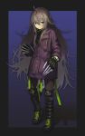  1girl black_footwear brown_hair claw_(weapon) commentary eyebrows_visible_through_hair green_eyes hair_between_eyes hara_shoutarou highres jacket knee_pads long_hair original purple_jacket shadow shoes sneakers solo standing very_long_hair weapon zipper 