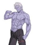  &gt;:) 1boy 2018 abs ahoge arm_at_side biceps black_pants character_request collarbone copyright_request cowboy_shot facial_hair flexing forked_eyebrows furrowed_eyebrows goatee grey_hair groin hand_up highres kiyama_satoshi nose pants pectorals photoshop_(medium) pointy_ears pose purple_nipples purple_skin red_eyes short_hair sideburns simple_background smile solo spiky_hair toned toned_male topless white_background white_hair 