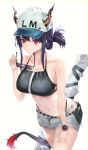  1girl arknights bangs bare_arms bare_shoulders baseball_cap bikini black_bikini blue_hair breasts ch&#039;en_(arknights) commentary_request cowboy_shot dragon_horns dragon_tail grey_shorts halterneck hand_up hat heart highres holding holding_eyewear horns horns_through_headwear large_breasts long_hair navel pouch red_eyes ritta_(abmnoworld) short_shorts shorts sidelocks simple_background solo standing stomach sunglasses swimsuit tail thighs tied_hair watch watch white_background 