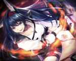  1girl :d animal_ear_fluff animal_ears arknights aura bangs black_gloves black_hair black_shorts blaze_(arknights) blue_eyes breasts cat_ears fang gloves hairband highres holding holding_weapon long_hair looking_at_viewer medium_breasts noan open_mouth originium_arts_(arknights) red_hairband shirt shorts smile solo weapon white_shirt 