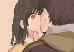  1boy 1girl absurdres black_hair brown_background brown_hair couple dango_(uni_520) hand_on_another&#039;s_chin hetero highres hood hood_down kiss looking_at_viewer original red_eyes simple_background surprise_kiss surprised upper_body 