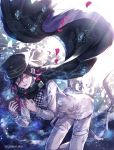  1boy artist_name black_cape black_hair black_headwear cape checkered checkered_scarf commentary_request dangan_ronpa hair_between_eyes hat jacket long_sleeves looking_at_viewer male_focus medium_hair new_dangan_ronpa_v3 open_mouth ouma_kokichi pants peaked_cap purple_hair scarf smile solo straitjacket torn_clothes twitter_username violet_eyes white_jacket white_pants z-epto_(chat-noir86) 