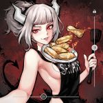  1girl apron armpits bangs bare_arms bare_shoulders black_apron blunt_bangs breasts character_name demon_girl demon_horns demon_tail food grey_hair helltaker holding horns looking_at_viewer lucifer_(helltaker) medium_breasts mole mole_under_eye naked_apron pancake parted_lips red_eyes robot_cat self_shot short_hair sideboob silver_hair smile smirk solo tail teeth upper_body white_horns 
