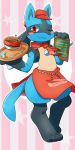  1boy :3 animal_ears apron blush blush_stickers cabbie_hat chalkboard closed_mouth clothed_pokemon coffee commentary_request creamer_packet cup drink fang full_body furry gen_4_pokemon hands_up happy hat heel_up highres hitsuji_tarou holding jpeg_artifacts looking_at_viewer lucario male_focus menu no_humans one_eye_closed paws pink_background poke_ball_symbol poke_ball_theme pokemon pokemon_(creature) pokemon_(game) pokemon_cafe_mix red_eyes red_headwear ribbon sideways_mouth simple_background smile solo spikes spoon standing star_(symbol) starry_background striped striped_background tail teacup tray wolf_ears wolf_tail 