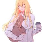  1boy bag blonde_hair bread coffee_cup cup disposable_cup fate/grand_order fate_(series) food gloves highres kirschtaria_wodime long_hair male_focus paper_bag sabamori solo white_background white_gloves 