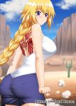  1girl :t back back_tattoo bangs bare_shoulders blonde_hair blue_eyes blue_shorts blue_sky blush braid breasts cactus clenched_hands clouds eyebrows_visible_through_hair fate/apocrypha fate/grand_order fate_(series) ground hellandheaven highres hitchhiking jeanne_d&#039;arc_(fate) jeanne_d&#039;arc_(fate)_(all) large_breasts long_braid outdoors pout shirt shorts sidelocks single_braid sky sleeveless sleeveless_shirt standing tattoo white_shirt 
