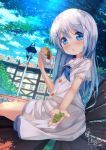  1girl :o bangs bench blue_eyes blue_hair blue_neckwear blush building chinomaron commentary_request day dress eyebrows_visible_through_hair feet_out_of_frame food gochuumon_wa_usagi_desu_ka? hair_between_eyes hair_ornament hamburger hand_up highres holding holding_food kafuu_chino lamppost long_hair looking_at_viewer neckerchief on_bench outdoors park_bench parted_lips puffy_short_sleeves puffy_sleeves sailor_collar sailor_dress short_sleeves signature sitting_on_bench solo tree very_long_hair white_dress white_sailor_collar window x_hair_ornament 
