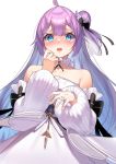  1girl absurdres ahoge azur_lane bangs bare_shoulders blue_eyes blush commentary_request dress eyebrows_visible_through_hair hair_between_eyes hair_bun hair_ribbon hand_to_own_mouth highres jewelry long_hair long_sleeves looking_at_viewer open_mouth purple_hair ribbon ring side_bun simple_background solo strapless strapless_dress unicorn_(a_dream_of_pure_vows)_(azur_lane) unicorn_(azur_lane) very_long_hair wedding_dress wedding_ring white_background white_dress yamanokami_eaka 