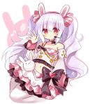  1girl :o animal_ears azur_lane bangs bare_shoulders black_bow blush bow collarbone eighth_note eyebrows_visible_through_hair hair_between_eyes hair_bow hairband hand_up headset heart highres laffey_(azur_lane) laffey_(halfhearted_bunny_idol)_(azur_lane) long_hair long_sleeves looking_at_viewer midriff musical_note navel pantyhose parted_lips pink_bow pink_hairband pink_skirt plaid plaid_skirt pleated_skirt purple_hair rabbit_ears red_eyes shikito shirt sidelocks single_strap skirt sleeves_past_wrists solo twintails very_long_hair white_legwear white_shirt 