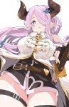  1girl belt black_gloves blue_eyes braid breasts brown_belt draph fingerless_gloves gloves granblue_fantasy hair_ornament hair_over_one_eye horns ixy katana large_breasts lavender_hair leg_garter long_hair looking_at_viewer narmaya_(granblue_fantasy) pointy_ears simple_background single_braid solo sword weapon white_background 