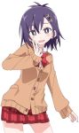  1girl :d blush bow bowtie brown_cardigan cardigan gabriel_dropout hair_ornament ixy long_sleeves looking_at_viewer open_mouth plaid plaid_skirt purple_hair red_neckwear red_skirt school_uniform short_hair skirt smile solo tsukinose_vignette_april violet_eyes x_hair_ornament 