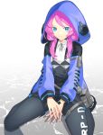  1girl arknights black_legwear black_neckwear black_shorts blue_eyes blue_jacket blue_poison_(arknights) breasts closed_mouth clothes_writing collared_shirt commentary full_body geta_(epicure_no12) highres hood hooded_jacket jacket legwear_under_shorts long_sleeves looking_at_viewer medium_hair neck_ribbon open_clothes open_jacket pantyhose pink_hair ribbon shirt short_shorts shorts simple_background sitting small_breasts smile solo suspender_shorts suspenders twintails wariza water white_background white_shirt wing_collar 