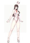  1girl alternate_costume animal_ears ass_visible_through_thighs bangs bare_arms bare_shoulders black_hair blush breasts bunny_girl bunny_tail bunnysuit closed_mouth collarbone commentary_request covered_navel detached_collar eyebrows_visible_through_hair fake_animal_ears full_body glasses green_eyes hairband high_heels highleg highres kantai_collection leotard long_hair looking_at_viewer necktie ooyodo_(kantai_collection) rabbit_ears semi-rimless_eyewear side-tie_leotard simple_background small_breasts smile solo standing strapless strapless_leotard tail under-rim_eyewear white_leotard wrist_cuffs yuuji_(and) 
