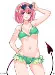  1girl bikini blush breasts demon_tail eyewear_on_head frilled_bikini frills green_bikini heart heart-shaped_eyewear highres looking_at_viewer medium_breasts momo_velia_deviluke navel oliver_koito pink_eyes pink_hair shiny shiny_hair shiny_skin short_hair simple_background smile solo standing sunglasses swimsuit tail to_love-ru to_love-ru_darkness white_background 