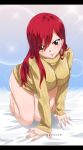  1girl absurdres all_fours artist_name bed blush breasts brown_eyes earrings erza_scarlet eyebrows_visible_through_hair eyes_visible_through_hair fairy_tail full_body gaston18 hair_between_eyes highres jewelry large_breasts long_hair looking_at_viewer on_bed redhead smile solo sweater watermark 