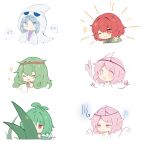  5others :t adagumo_no_saragimaru androgynous bangs black_shirt blue_eyes blue_hair chibi chinese_commentary closed_eyes commentary_request flower fujiwara_no_iyozane ghost gloom_(expression) green_hair green_jacket hand_up happy highres holding holding_notepad holding_pencil hood hood_up jacket japanese_clothes jian_xing_zao kimono len&#039;en light_blue_hair long_hair long_sleeves multiple_others no_mouth no_nose notepad one_eye_closed open_clothes open_jacket open_mouth pencil pink_eyes pink_hair purple_kimono red_eyes redhead shion_(len&#039;en) shirt shitodo_hooaka short_hair simple_background sleeves_past_fingers sleeves_past_wrists smile sparkle sparkling_eyes tail taira_no_fumikado tearing_up thumbs_up triangular_headpiece white_background white_shirt 