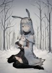  1girl animal animal_ears arknights bare_tree black_dress black_footwear black_gloves black_legwear black_sweater boots capelet closed_mouth coat commentary dress expressionless facial_scar frostnova_(arknights) full_body gloves grey_eyes grey_sky hair_ornament hair_over_one_eye hairclip highres holding holding_animal holding_bunny kuiqiu_kq looking_at_viewer medium_hair outdoors rabbit rabbit_ears ribbed_sweater scar silver_hair sitting snow solo sweater thigh-highs torn_clothes tree turtleneck turtleneck_sweater wariza white_capelet white_coat zettai_ryouiki 