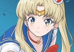  1girl artist_name bishoujo_senshi_sailor_moon blonde_hair blue_eyes blue_sailor_collar blurry blurry_background choker closed_mouth commentary crescent crescent_earrings depth_of_field derivative_work diadem earrings frown hair_ornament hair_over_shoulder heart heart_choker highres jewelry leotard long_hair looking_at_viewer meme red_choker sailor_collar sailor_moon sailor_moon_redraw_challenge sailor_senshi_uniform screencap_redraw short_sleeves signature solo sweatdrop tsukino_usagi twintails upper_body white_leotard zono_(inokura_syuzo029) 