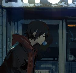  1boy bangs black_hair black_jacket building chewing_gum earrings fork hair_between_eyes highres hood hood_down hoodie jacket jewelry kukka male_focus multicolored_hair night original outdoors profile red_hood redhead reflection solo streaked_hair stud_earrings window 