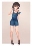  1girl :p bare_legs black_eyes black_footwear black_hair black_tank_top bob_cut highres looking_at_viewer original overalls shoes short_hair shorts smile sneakers solo tanbonota46 tank_top tongue tongue_out 