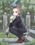  1girl alternate_costume animal_ears antelope_ears antelope_horns arm_rest black_legwear black_shirt brown_hair casual cellphone closed_mouth contemporary day extra_ears forehead from_side full_body hand_on_own_chin hand_up highres holding holding_phone horns kemono_friends kotobukkii_(yt_lvlv) legwear_under_shorts looking_afar multicolored_hair outdoors pantyhose phone red_eyes red_footwear serious shirt shoes short_hair shorts sidelocks sitting smartphone solo stairs tail thinking topi_(kemono_friends) two-tone_hair watch watch 