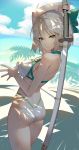  1girl absurdres ahoge aqua_bow arm_up ass bangs bare_arms bare_shoulders beach bikini blue_sky bow breasts clouds commentary cowboy_shot day fate/grand_order fate_(series) grey_eyes hair_between_eyes hair_bow highres holding holding_sword holding_weapon katana looking_at_viewer medium_breasts okita_souji_(fate) okita_souji_(fate)_(all) outdoors short_hair silver_hair sky solo standing sukocchi swimsuit sword thighs weapon white_bikini 