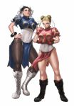  2girls alternate_color alternate_costume alternate_hairstyle antenna_hair bangs bare_legs black_footwear blonde_hair blue_dress blue_eyes boots bracelet braid breasts brown_eyes brown_hair brown_legwear bun_cover cammy_white capcom china_dress chinese_clothes chun-li chun-li_(cosplay) commentary_request cosplay cross-laced_footwear double_bun dress earrings facial_scar fingerless_gloves full_body gauntlets gloves hair_ornament hair_ribbon highres jewelry knee_boots long_hair multiple_girls padded_gloves pantyhose pelvic_curtain pink_dress potemkinbuster puffy_short_sleeves puffy_sleeves red_gloves red_legwear ribbon sash scar scar_on_cheek short_sleeves simple_background spiked_bracelet spikes standing street_fighter thick_thighs thigh-highs thighs white_background white_footwear 