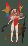  1girl absurdres alternate_costume ascot black_horns brown_hair commentary_request fangs flandre_scarlet frills full_body hakuto_hotaru hat high_heels highres holding holding_weapon horns laevatein leotard long_hair looking_at_viewer mob_cap multicolored nail_polish one_side_up pink_headwear planted_weapon puffy_short_sleeves puffy_sleeves red_eyes red_footwear red_ribbon ribbon short_sleeves simple_background solo staff standing thigh-highs tongue tongue_out touhou weapon white_legwear wings 