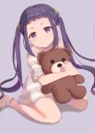  1girl absurdres bangs blunt_bangs commentary file112056 highres looking_at_viewer oogaki_chiaki purple_hair simple_background sitting solo stuffed_animal stuffed_toy teddy_bear twintails violet_eyes wariza younger yurucamp 