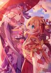  2girls absurdres animal_print blue_eyes butterfly_print curly_hair flower hair_between_eyes hair_flower hair_ornament heart-shaped_gem highres holding holding_sword holding_umbrella holding_weapon japanese_clothes kimono looking_up muimi_(princess_connect!) multiple_girls neneka_(new_year)_(princess_connect!) neneka_(princess_connect!) obi oil-paper_umbrella one_eye_closed open_mouth orange_hair pink_eyes princess_connect! purple_kimono purple_obi red_umbrella ringlets runa_(runa7733) sash sword umbrella weapon 