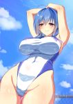  1girl ahoge armpits arms_up azur_lane bangs bare_arms bare_shoulders blue_hair blue_sky blush breasts closed_mouth clouds competition_swimsuit covered_navel cowboy_shot day eyebrows_visible_through_hair from_below groin hair_intakes hands_on_own_head highleg highleg_swimsuit highres impossible_clothes impossible_swimsuit large_breasts looking_at_viewer looking_down one-piece_swimsuit outdoors saezu_habaki short_hair_with_long_locks sidelocks skin_tight sky smile solo st._louis_(azur_lane) swimsuit thigh_gap twitter_username violet_eyes white_swimsuit 