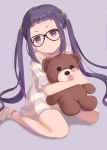  1girl absurdres bangs blunt_bangs commentary file112056 glasses highres looking_at_viewer oogaki_chiaki purple_hair simple_background sitting solo stuffed_animal stuffed_toy teddy_bear twintails violet_eyes wariza younger yurucamp 