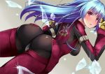  1girl ass back belt blue_hair bodysuit breasts dd_mayohara eyebrows_visible_through_hair gloves ice kula_diamond long_hair looking_at_viewer medium_breasts simple_background the_king_of_fighters violet_eyes 