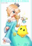  1girl absurdres aqua_dress aqua_eyes blonde_hair blue_dress blue_eyes blush chibi crown dress earrings eyebrows highres jeomona jewelry light_blue_dress long_hair long_sleeves luma_(mario) super_mario_bros. rosalina sphere_earrings star_(symbol) star_earrings star_ornament super_smash_bros. umbrella wand yellow_earrings 